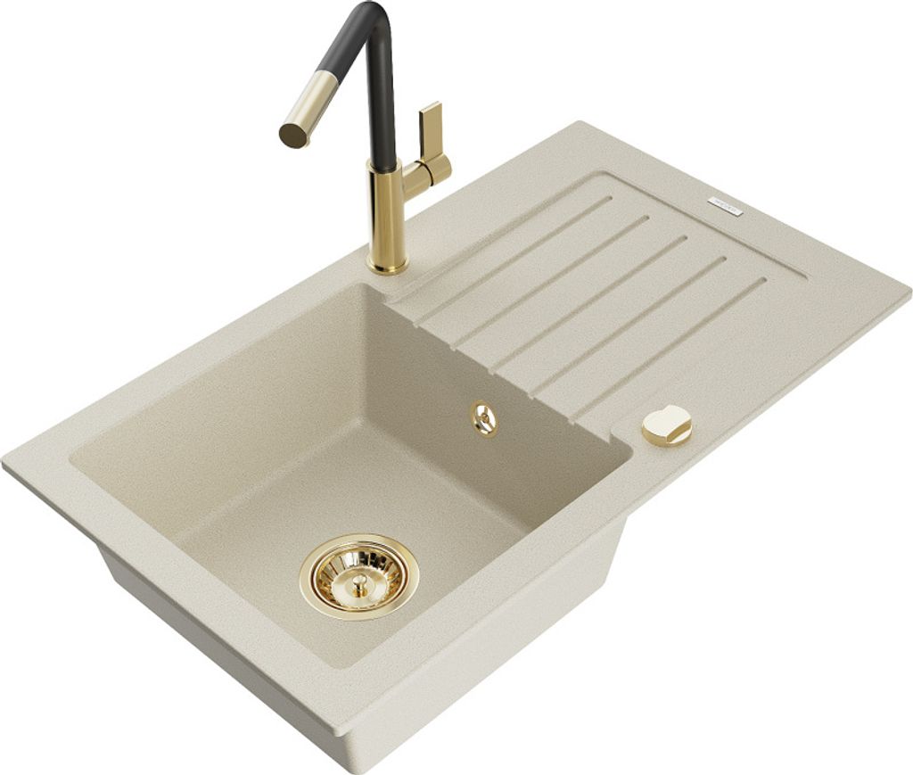 Mexen Pablo 1 Becken-Granitspüle mit Abtropffläche und Mischbatterie Flora, Beige - 6510-69-670401-57-G