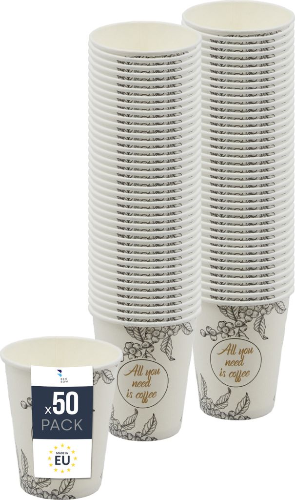 BenBow Kaffeebecher 300 ml x 50, Pappbecher zum Mitnehmen, Einwegbecher für Unterwegs, All You Need Is Coffee, Kaffee Becher für Büro und Kaffee...