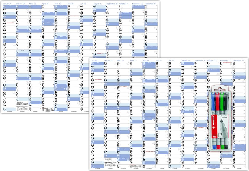 XL Wandkalender DIN A1 2026 + 2027 blau, nass abwischbar inkl. Stifteset Format 59,4 x 84,1cm Jahresplaner Wandplaner Kalender werden gerollt verse...