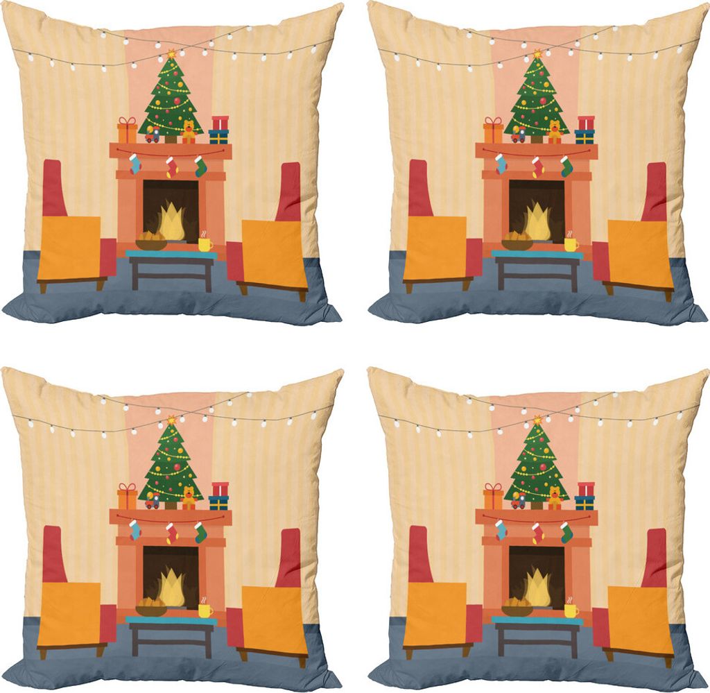 ABAKUHAUS Kamin Kissenbezug Set (4 Stück), Cartoon Weihnachten Innen, Moderner Doppelseitiger Digitaldruck, 50 cm x 50 cm, Mehrfarbig
