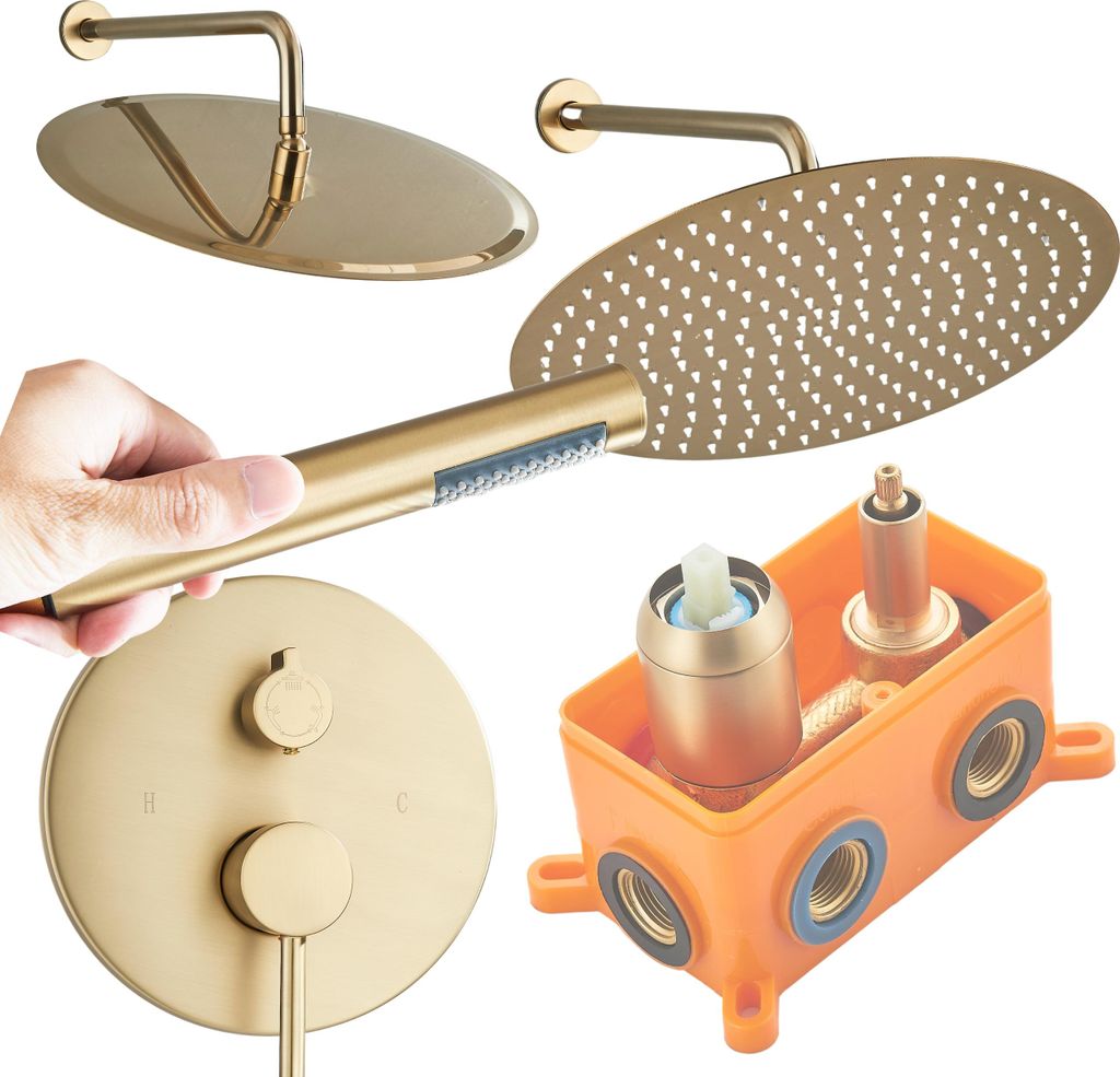 Duschsystem Unterputz ARI, Regendusche 30 cm, Brausegarnitur mit Box, Keramikkartusche, gebürstetes Gold