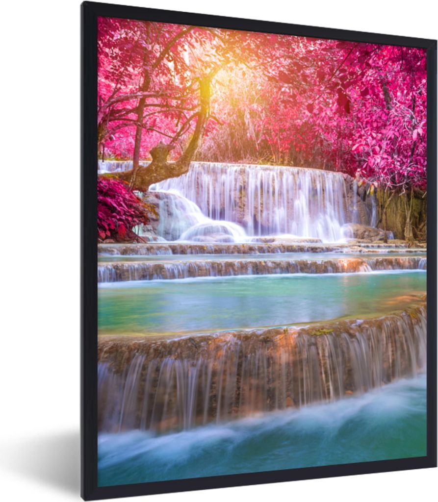MuchoWow Gerahmtes Poster Wasserfall - Regenbogen - Bäume - Rosa - Natur 30x40 cm - Poster mit Schwarzem Bilderrahmen Wandposter Rahmen Foto Bil...