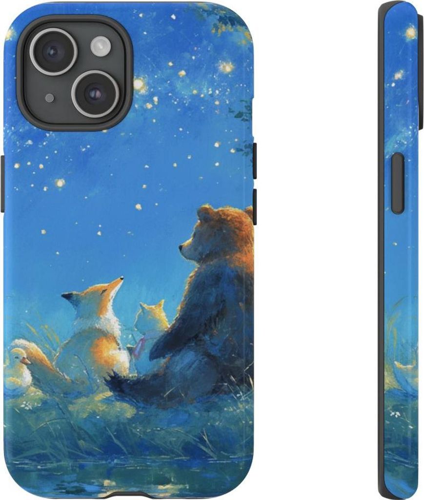 Bär, Fuchs und Ente unter Sternenhimmel – Hülle Kompatibel mit iPhone 15