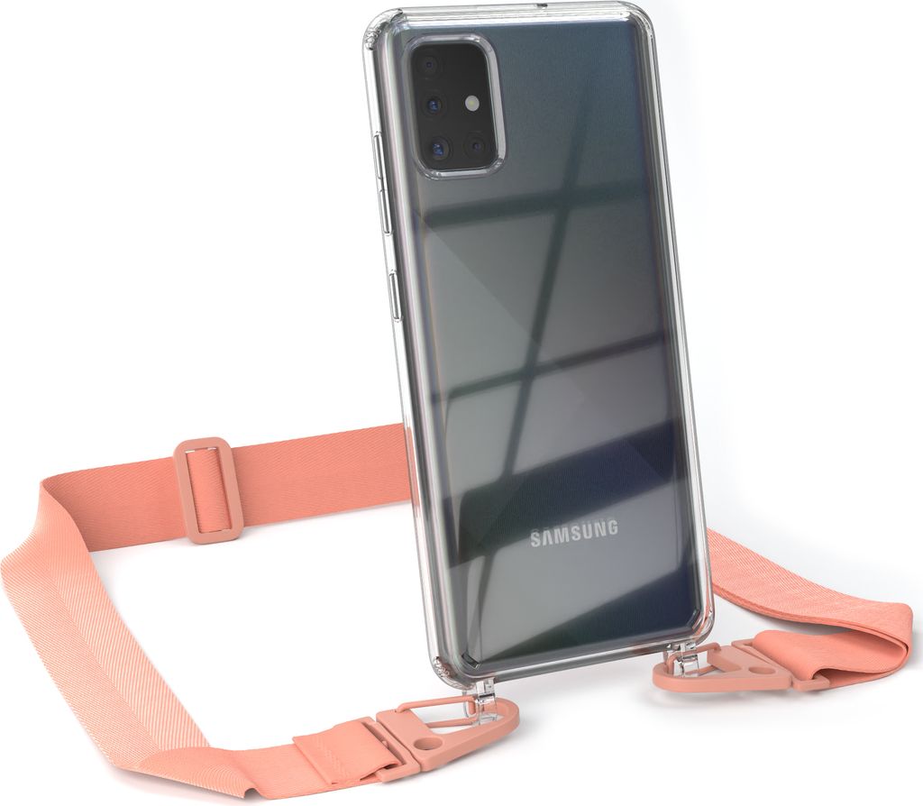 EAZY CASE - Hülle mit Band für Samsung Galaxy A51, Handyhülle mit Umhängeband, Silikonhülle transparent, Handykette in Orange