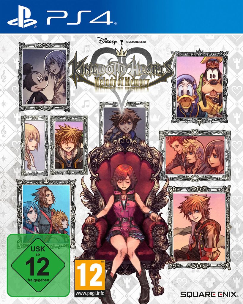 Collage of characters from the Kingdom Hearts video game series, arranged around a central figure on a throne, with game title and platform logos at the top.