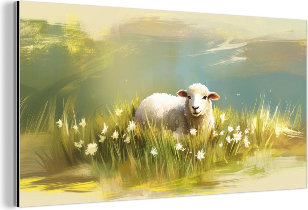 MuchoWow Wanddekoration Metall Metallbild Wandkunst 40x20 cm Schafe - Wiese - Grün MuchoWow Aluminium Gemälde - Bild - Aluminium