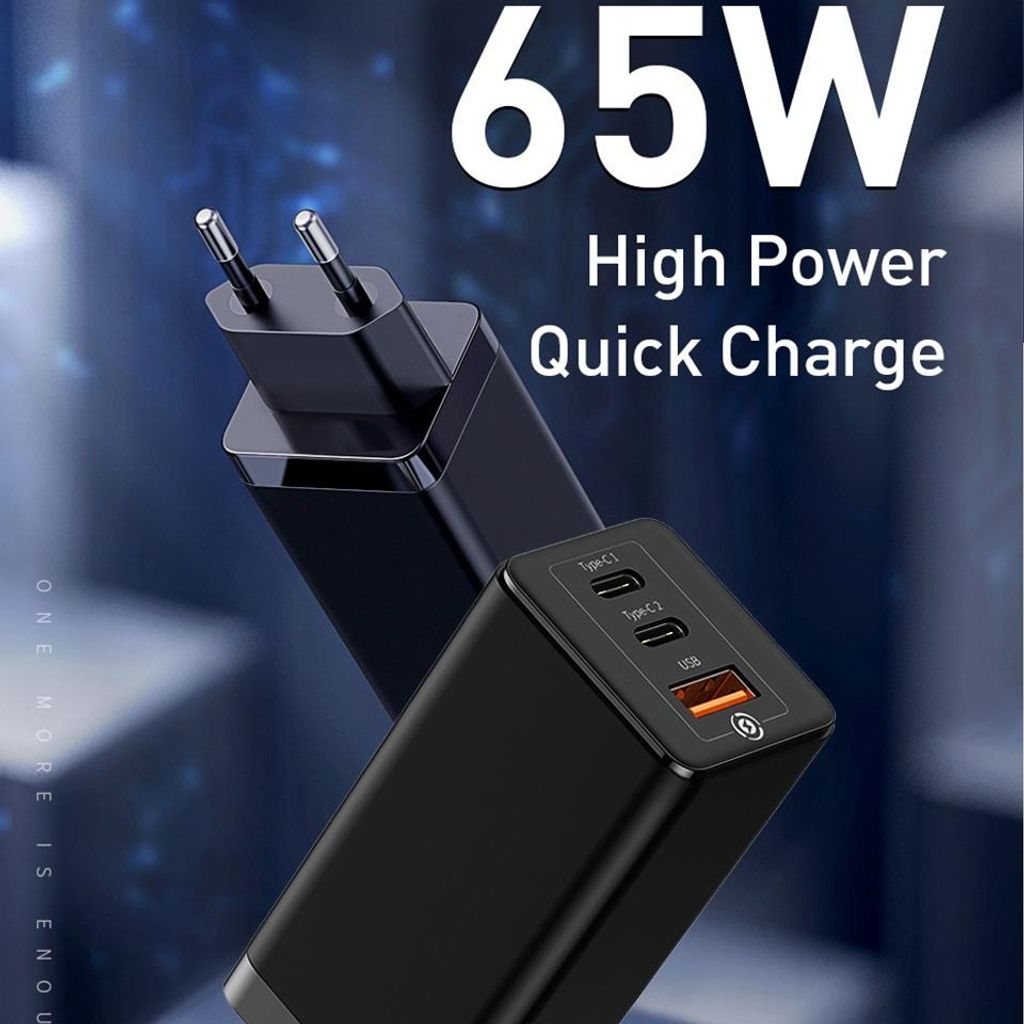 65W GaN Schnellladegerät USB-C + USB-A Netzteil Fast Charger für Smartphone, Tablet, iPhone, Macbook, Laptop 3-Port Netzstecker schwarz