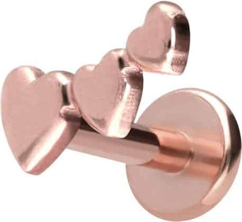 Ohrpiercing, Nasenpiercing Titan Labret mit Push Fit 3 HERZEN RoséGold Stablänge: 6mm | Stabstärke: 1,2mm