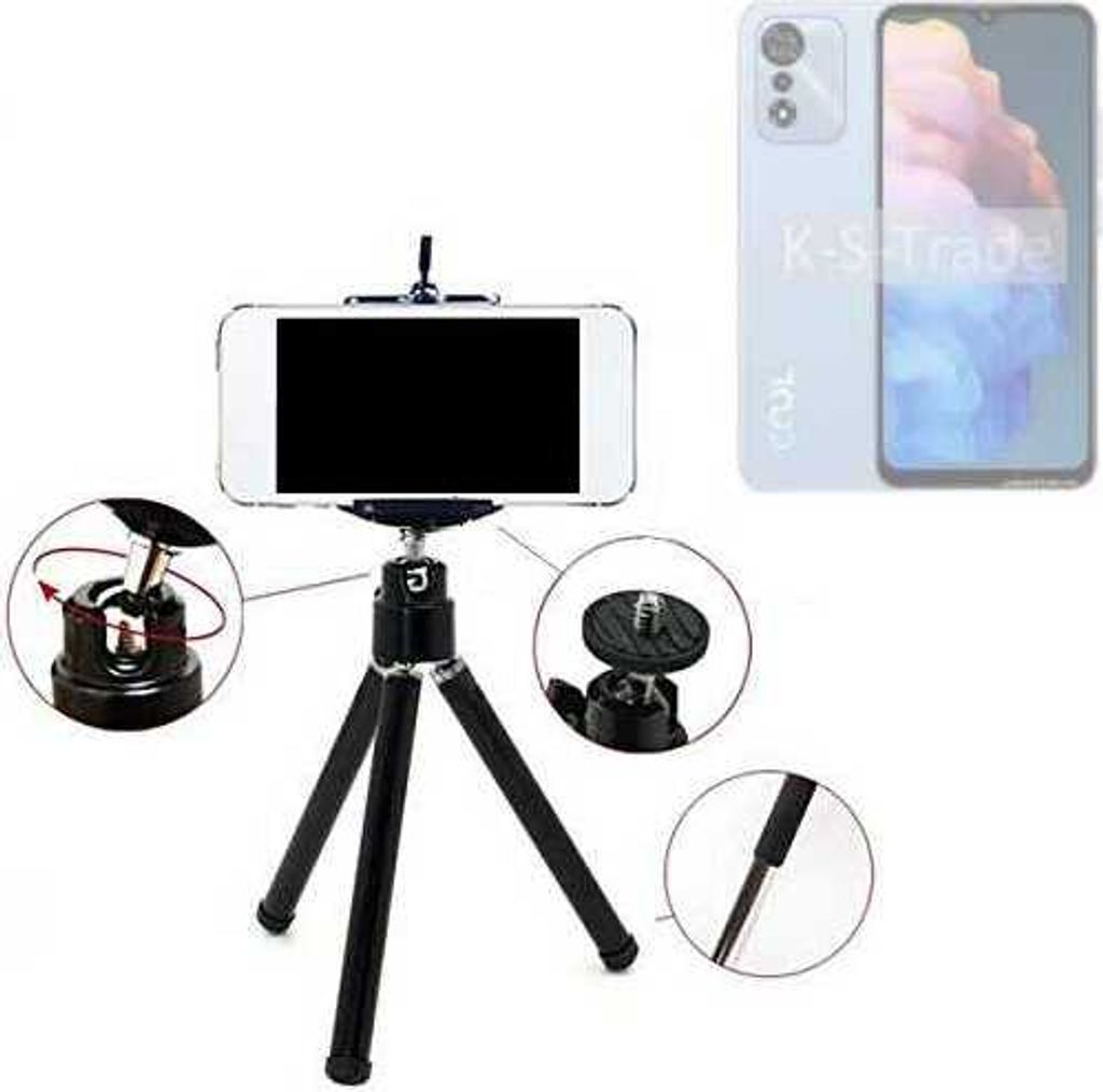 K-S-Trade Smartphone Stativ Dreibein kompatibel mit Coolpad Cool 30 Tripod aus Aluminium Klemmstativ Stativ Adapter für Mobiltelefone schwarz 1x