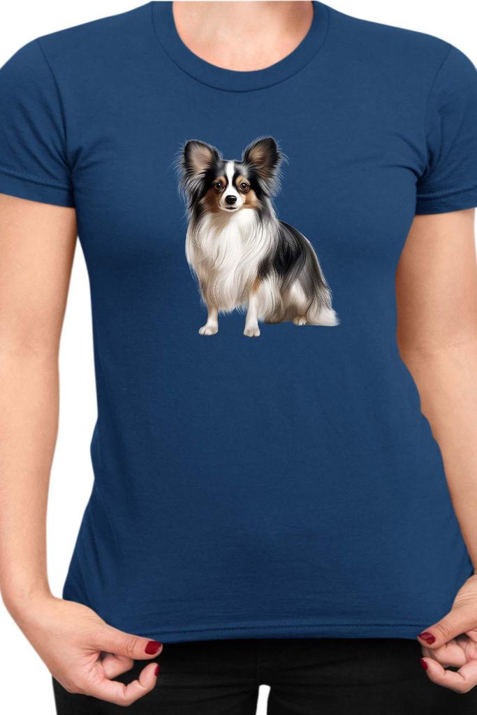Damen T-Shirt Dogs Breeds Papillon Dog Breed 006, Lady M / Dunkelblau