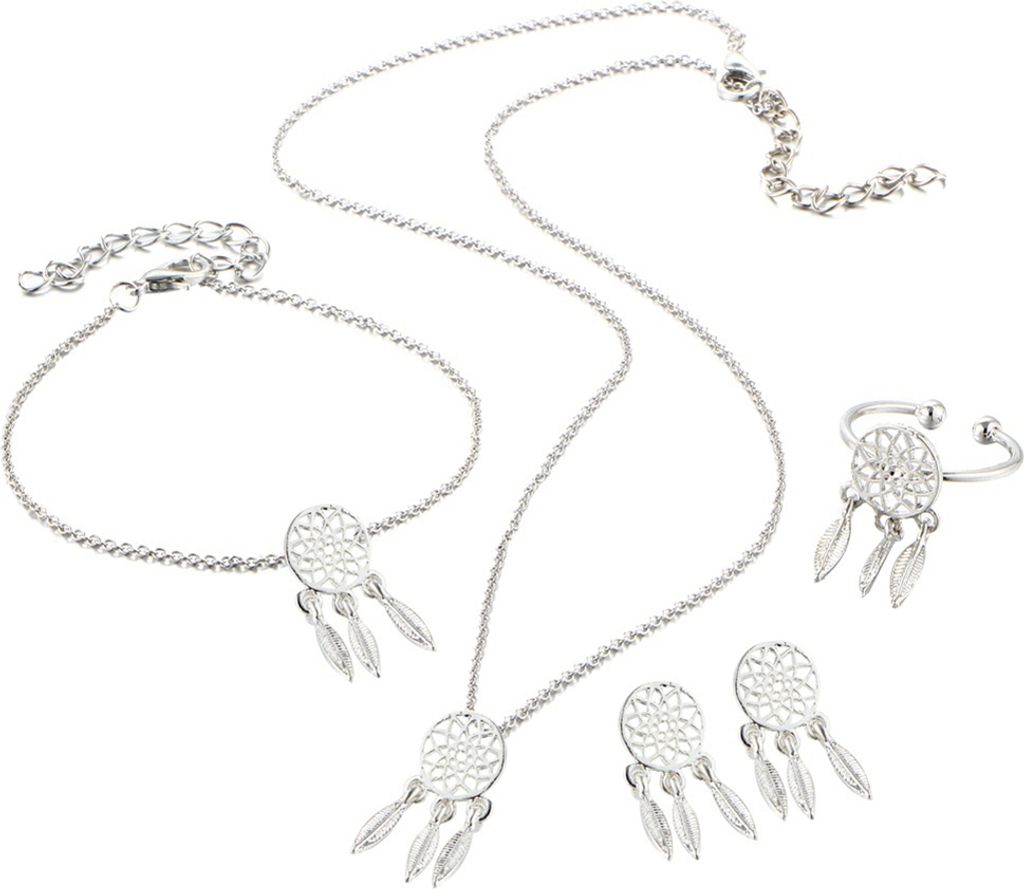 Hohle Traumfänger-Quasten-Halsketten-Ohrring-Ring-Armband-Frauen-Schmuckset-Silber