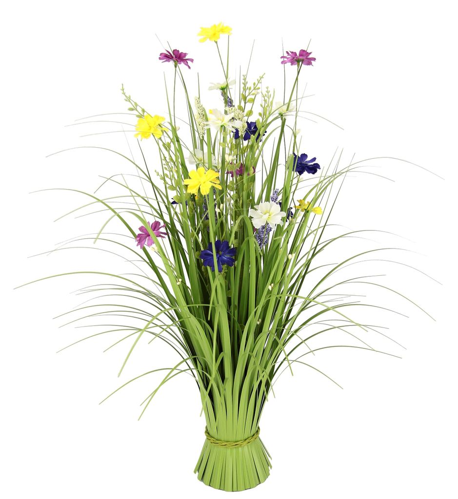 Dekoration mit Kunstrasen, wie Kosmeen, Grasbüscheln, Blumensträuchern, Stehgras, Grasbündeln, Ziergras, Osterdekoration, Frühlingsdeko, künst...
