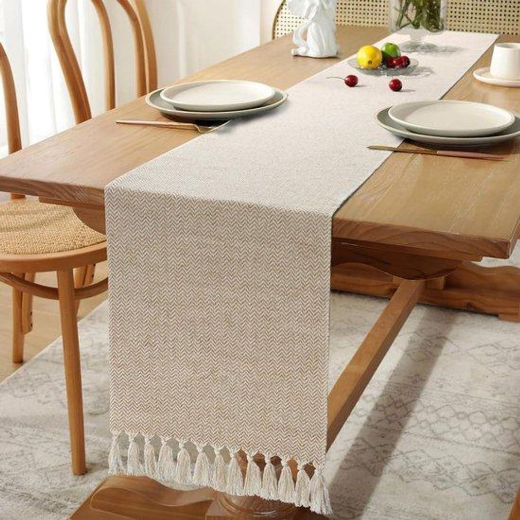 Katoenen Vlas Tafelloper mit Handgefertigten Borsten - Dekoration für Hochzeit und Party - 180x33cm