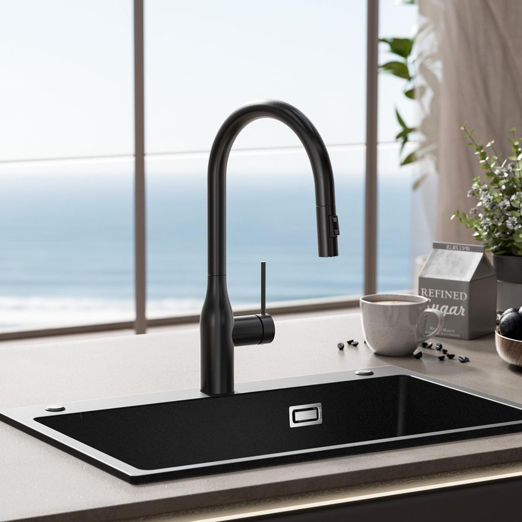 Küchenarmatur Edelstahl 304 Schwarz gebürstet Hochbogen mit Produktbild 