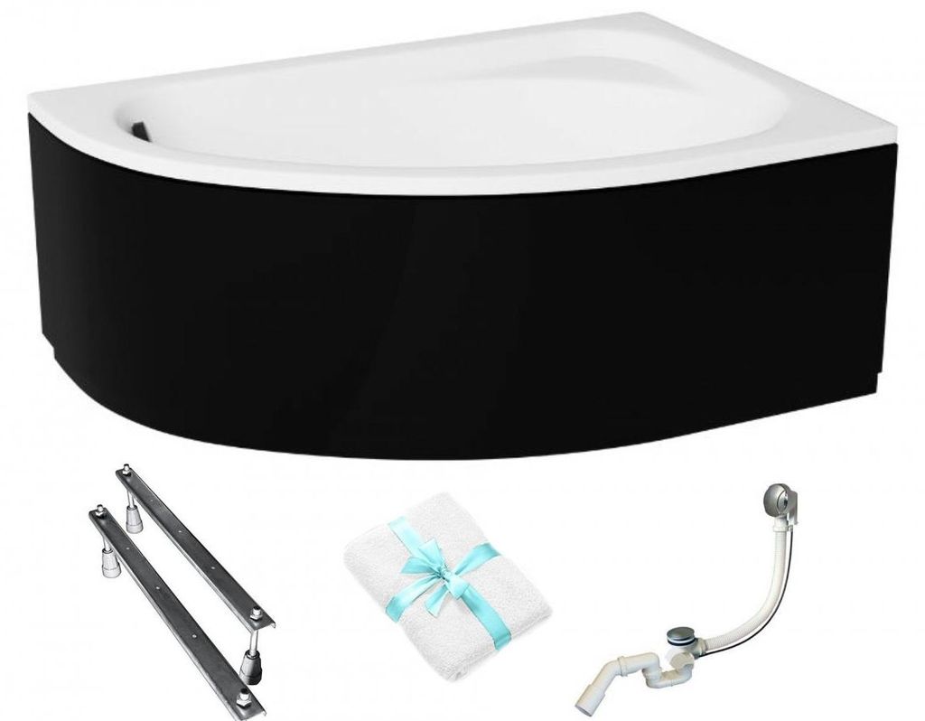 Aqua For You | Besco Badewanne Asymmetrisch Cornea - 150x100 Cm - Schwarze Verkleidung - Chrom-siphon - Rechts - Antibakterielle Beschichtung - Acryl