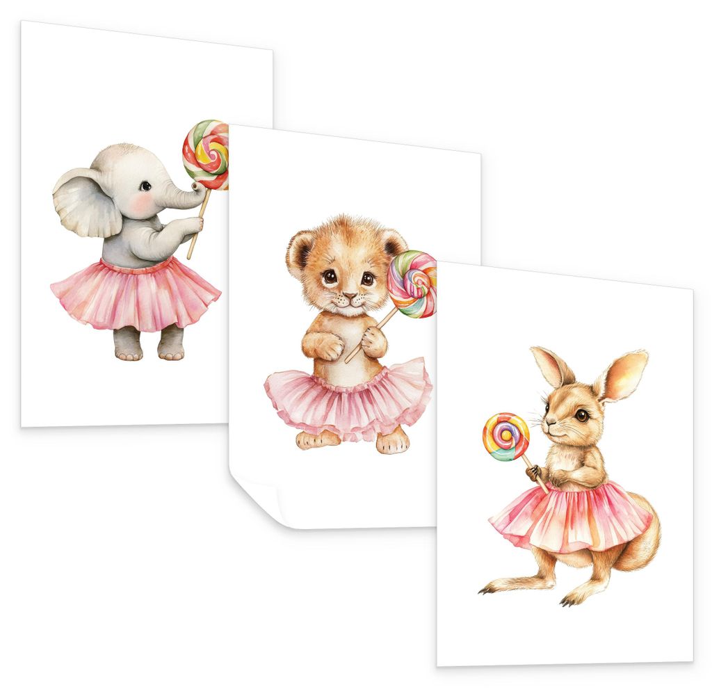 Muralo Poster Set ohne Rahmen für Kinder TIERE mit Lutschern 3x Deko Poster 30x42cm
