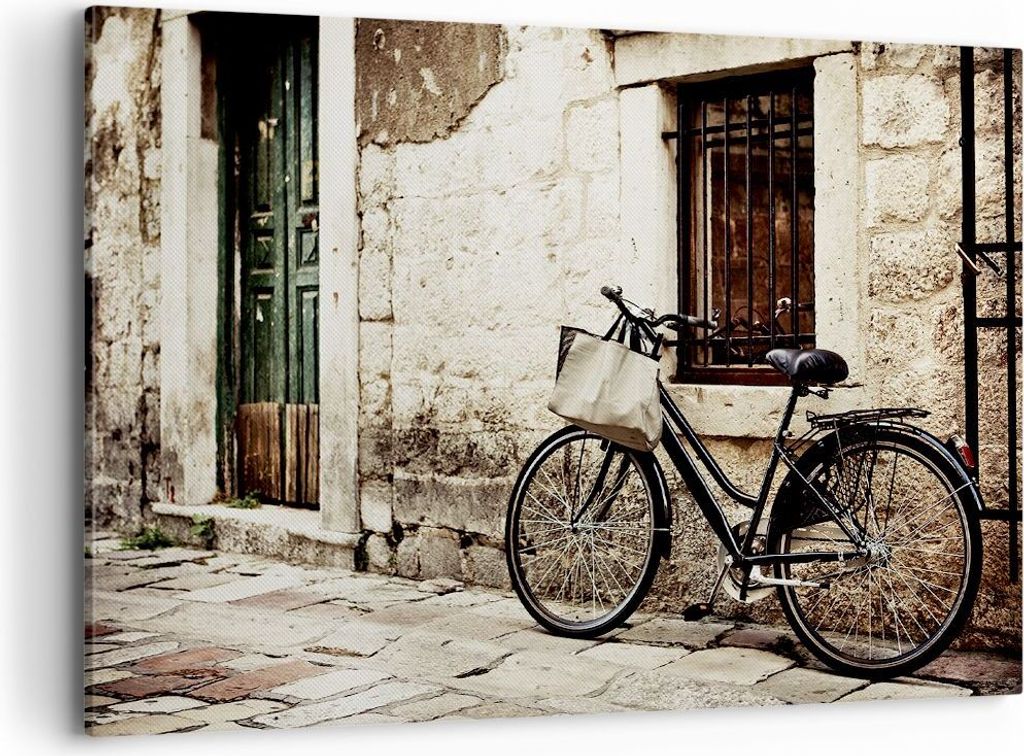 Bild auf Leinwand - Leinwandbild - Straße Fahrrad Stadt Ruinen - 100x70cm - Wand Bild - Wanddeko - Leinwanddruck - Bilder - Kunstdruck - Wanddekor...