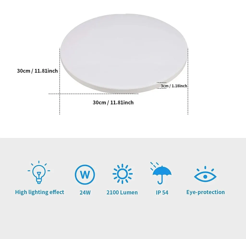 Plafonnier LED Anti-Humidité IP54 Étanche pour Salle de Bain 24W 6500K