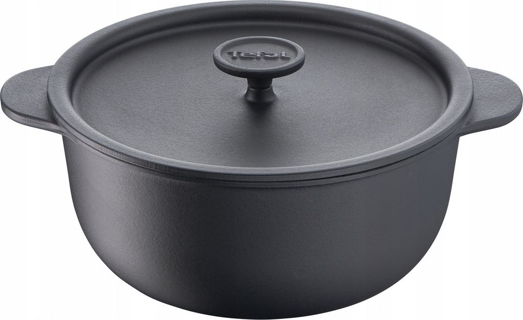 A black cast iron pot with a lid and handles.