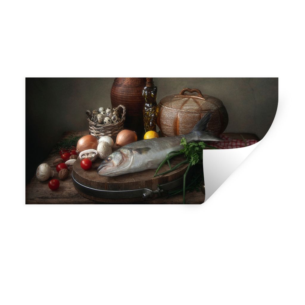 MuchoWow Wandtattoo Wandsticker Wandaufkleber Rustikal - Fisch - Stilleben - Gemüse - Kräuter 120x60 cm Selbstklebend und Repositionierbar - St...