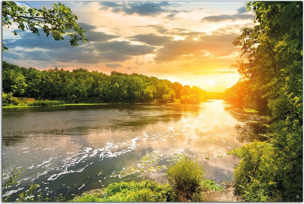 Wallario Outdoor-Poster für Garten oder Balkon, Motiv Sonnenuntergang am Fluss in grüner Umgebung, in ca. 61 x 91,50 cm
