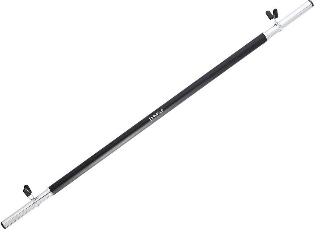 A black and silver training bar on a white background.