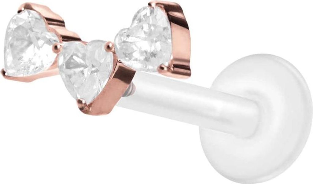 Ohrpiercing, Nasenpiercing PTFE Labret mit Innengewinde + Titan-Aufsatz 3 KRISTALLHERZEN RoséGold Stablänge: 10mm | Stabstärke: 1,2mm