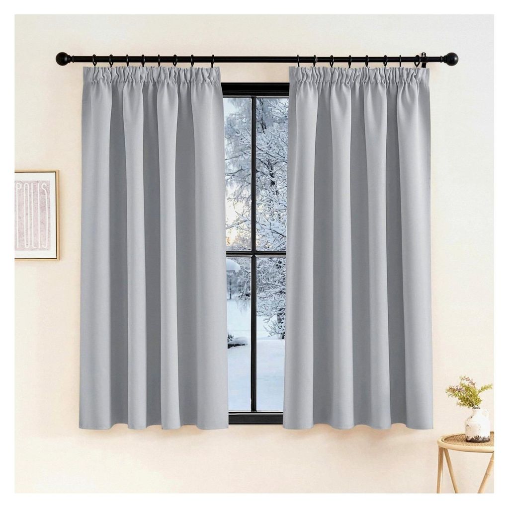 Graue Gardinen mit Kräuselband 2er Set 145 x 140 cm (HxB) Thermovorhang Kälteschutz Verdunklungsgardine Hellgrau