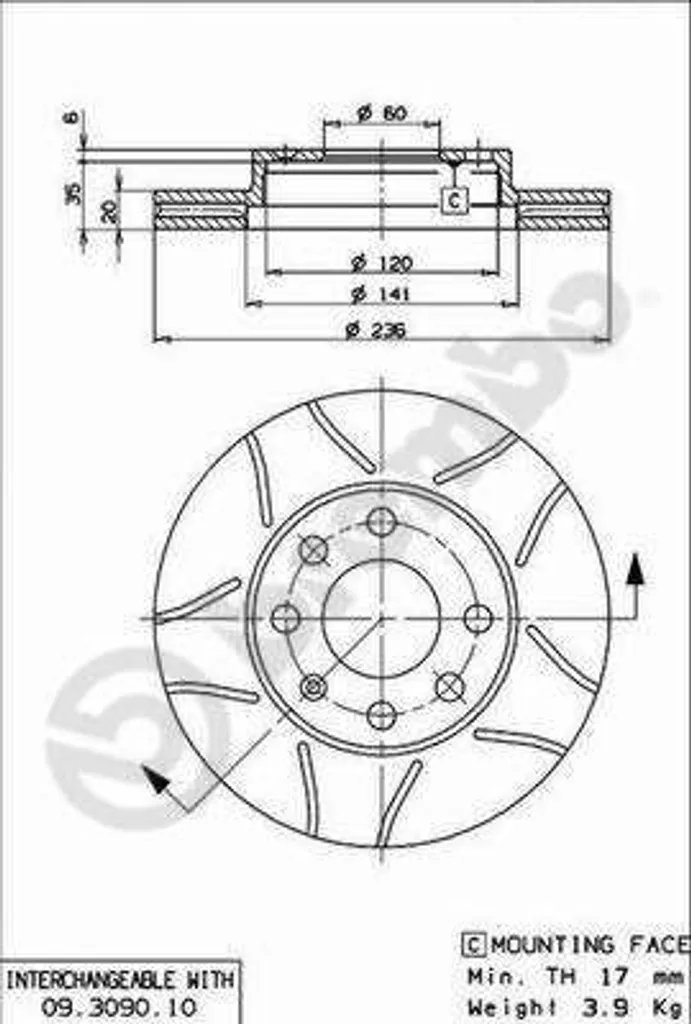 Disque de frein avant ventilé pour Aveo T250 et T200 série 09.3090.75