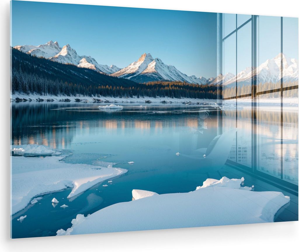 MuchoWow Glasbilder - Bilder auf Wandbild - Foto auf Glas Landschaft - Winter - See - Berg - Aussicht - Eis 30x20 cm Wanddekoration aus Glas - Acry...