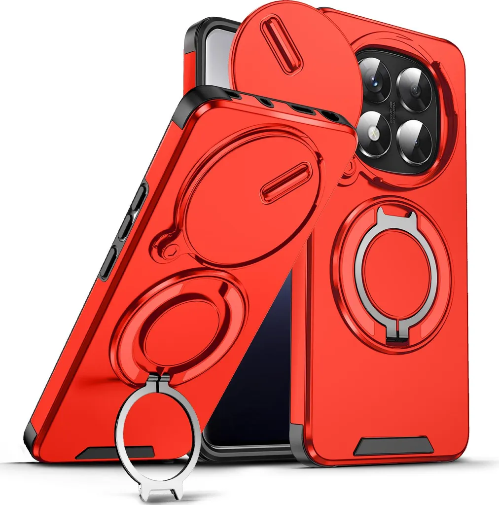 Custodia a doppio strato per Xiaomi Poco X7/Redmi Note 14 Pro 5G/4G/Note 14 Pro+ 5G, copertura scorrevole della fotocamera e supporto ad anello magnetico Rosso