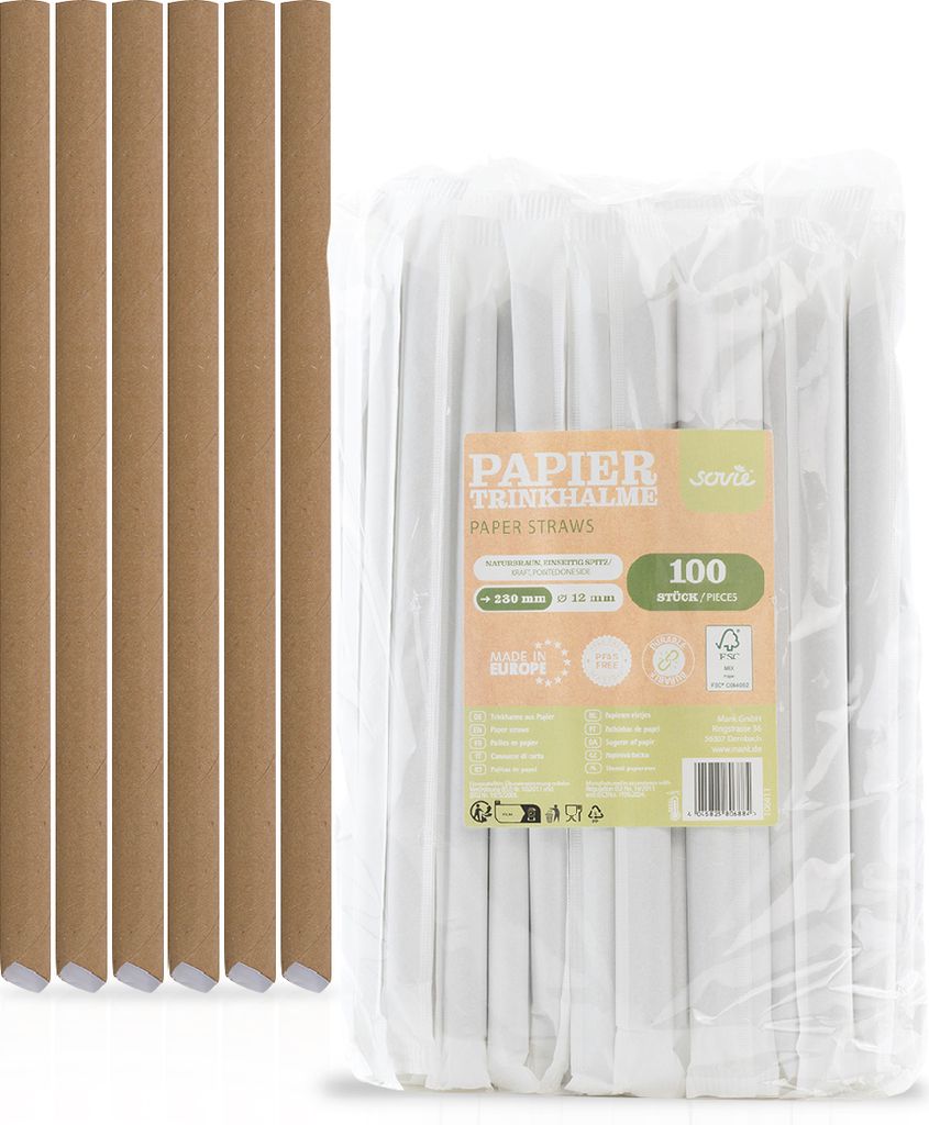 Bubble Tea Trinkhalme in Naturbraun aus Papier, Ø 12 mm / 23 cm, einzeln verpackt, 100 Stück - Mank