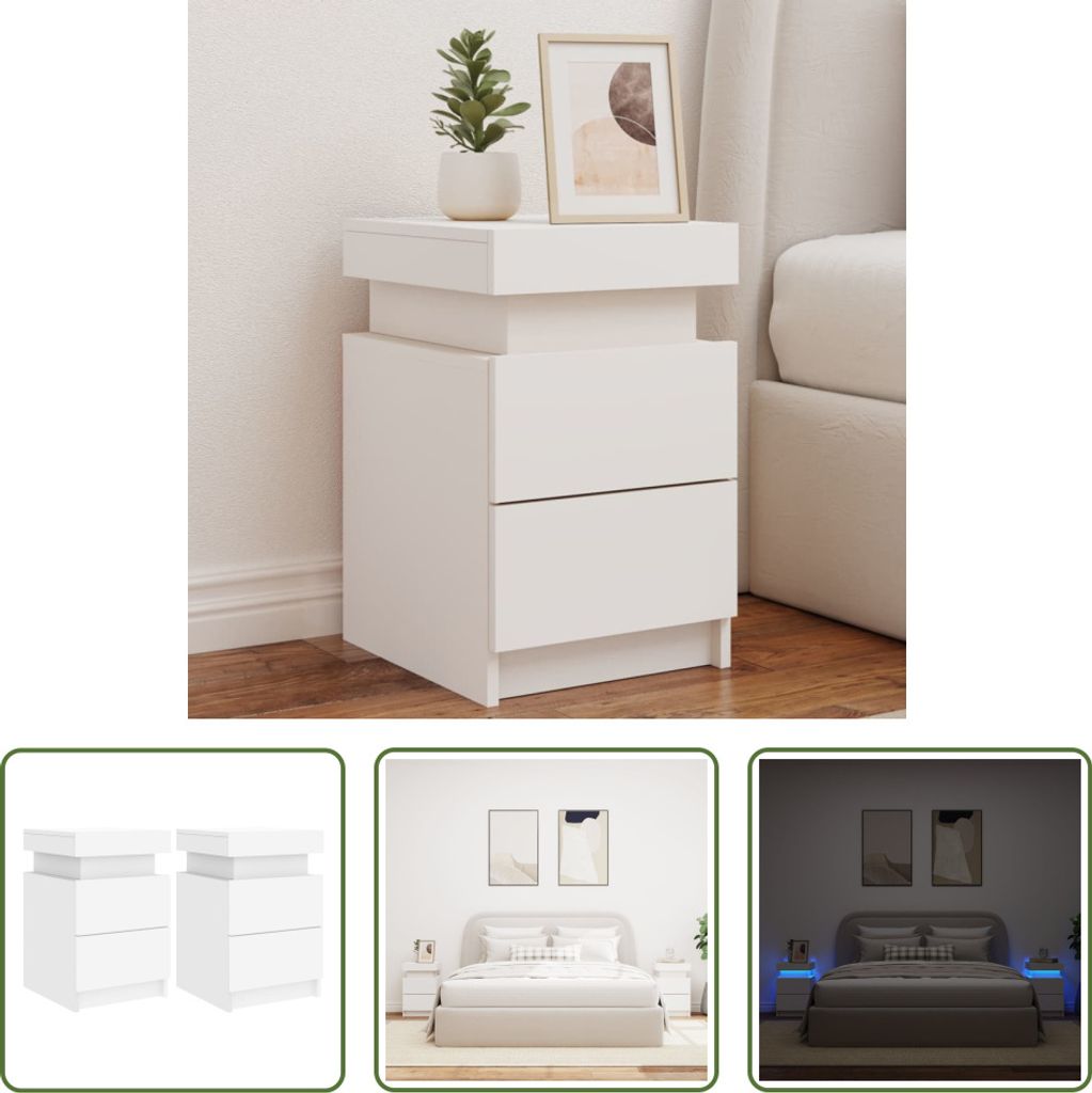 The Living Store Nachttische mit LED-Leuchten 2 Stk. Weiß Produktbild 
