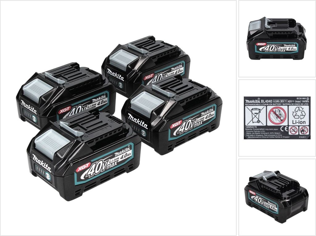 Makita Akku Set 4x BL 4040 40 V max. 4,0 Ah XGT Li-Ion Akku ( 4x 191B26-6 ) IP64 Schutzklasse mit LED Anzeige