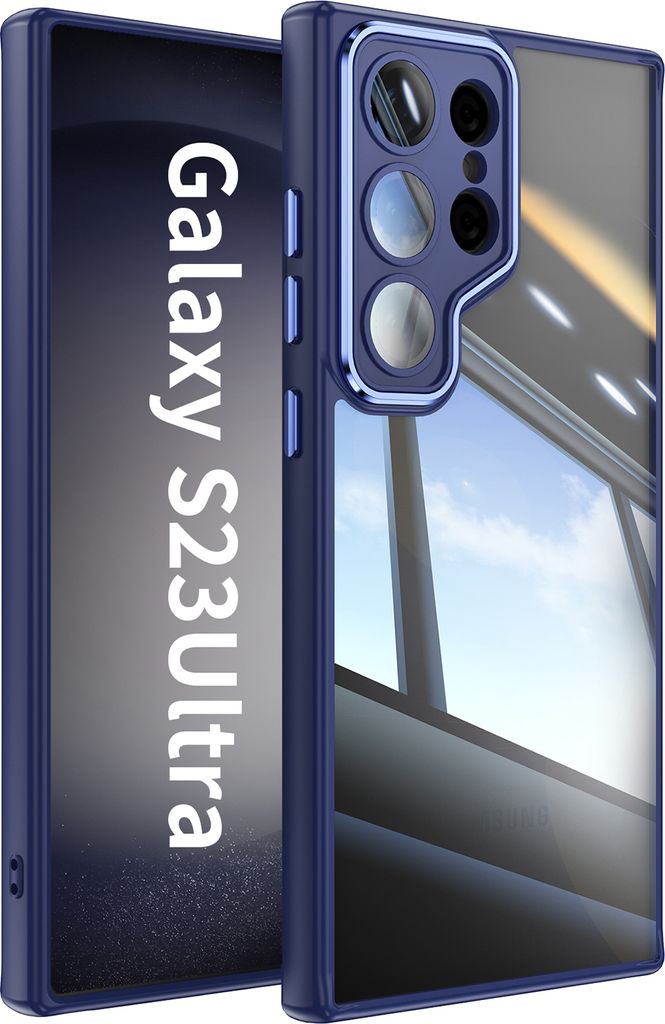 Handyhülle für Samsung Galaxy S23 Ultra Hybrid Transparent TPU PC Militärschutz mit Kameraabdeckung Blau