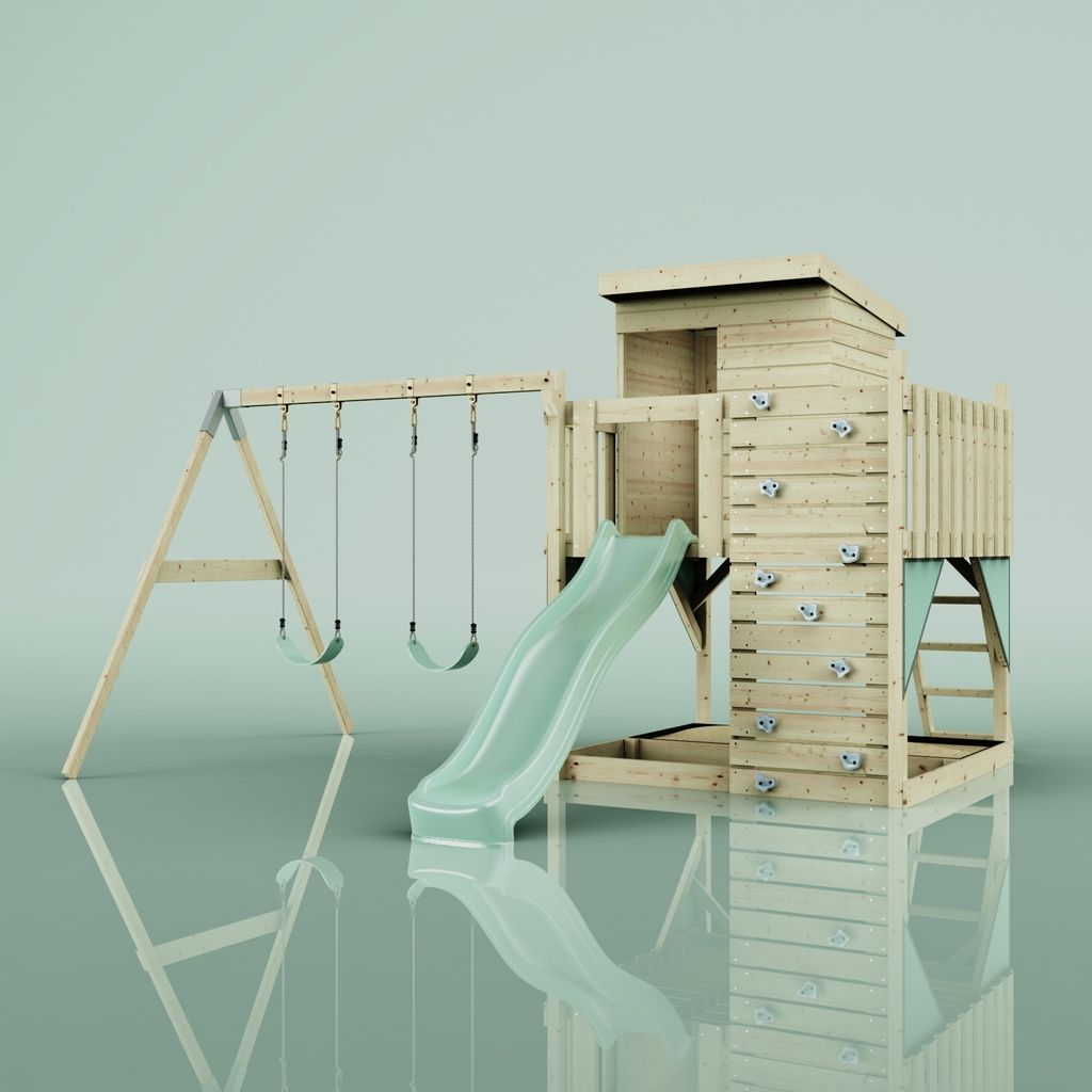OutdoorToys Spielturm Björn aus Holz in Grün Mintgrün, mit Kinderschaukel