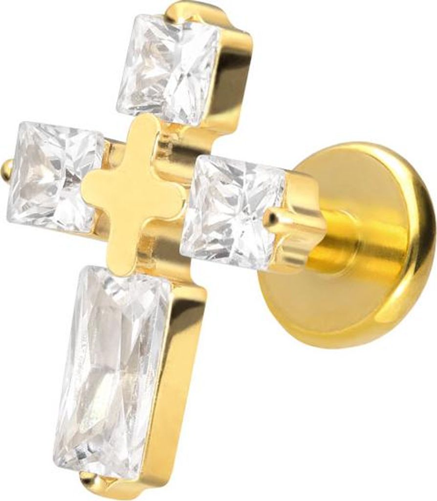 Ohrpiercing, Nasenpiercing Titan Labret mit Push Fit KRISTALLKREUZ Gold Stablänge: 6mm | Stabstärke: 1,2mm