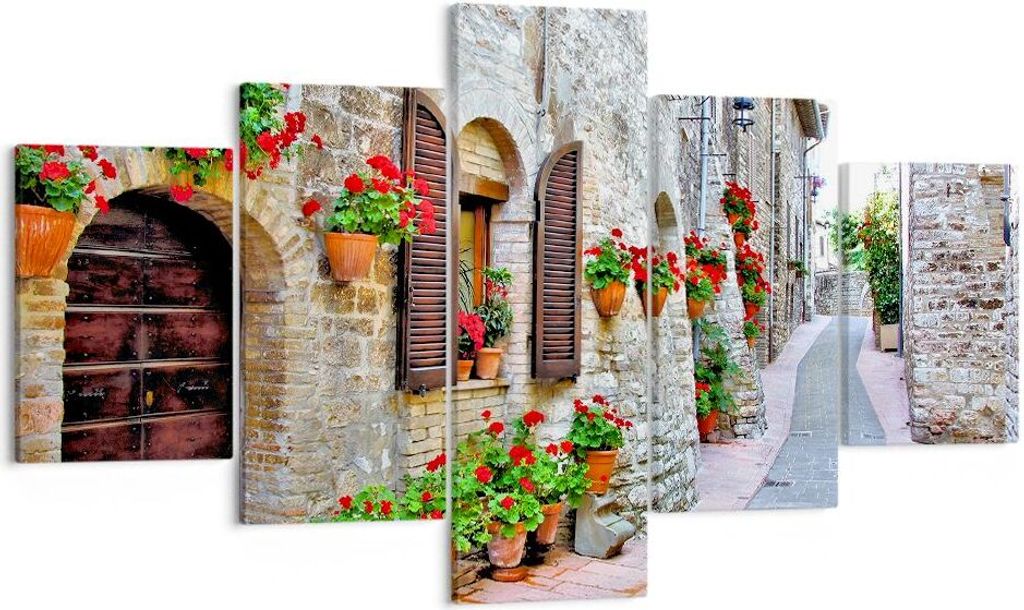 Bild auf Leinwand - Leinwandbild - Italien Straße Blumen Geschichte - 125x70cm - Wand Bild - Wanddeko - Leinwanddruck - Bilder - Kunstdruck - Lein...
