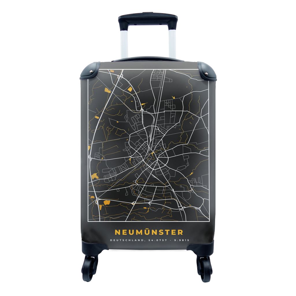 MuchoWow Koffer Handgepäck Trolley Rollkoffer Kleine Reisekoffer mit 4 Rollen - Deutschland - Schwarz und Gold - Neumünster - Stadtplan - Karte...