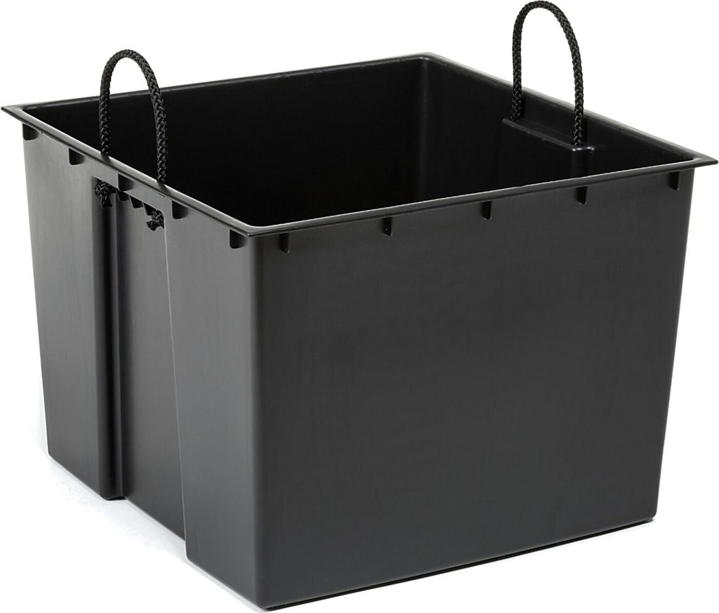 A black plastic planter insert with rope handles, shown from a slightly elevated side angle against a white background.