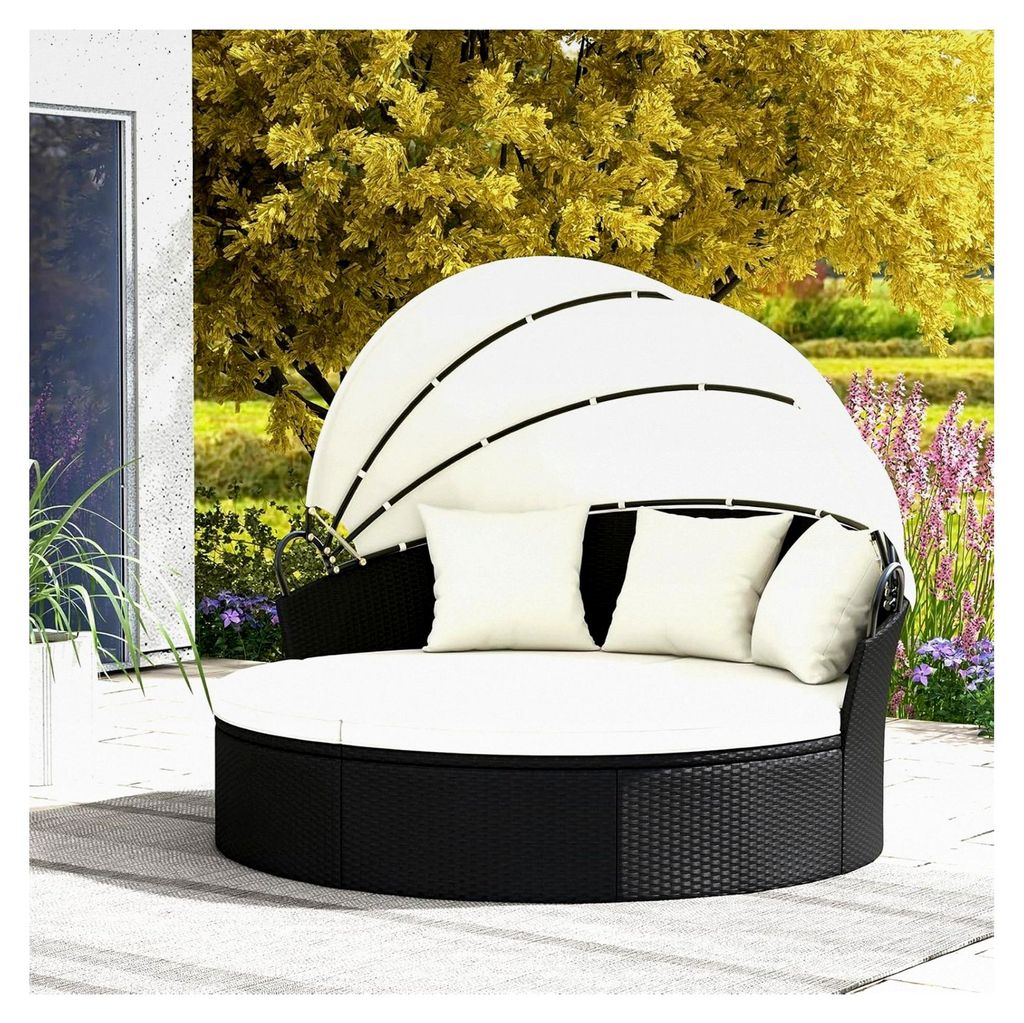 Sonneninsel Liegeinsel mit faltbarem Sonnendach, Rattan Lounge Gartenmuschel für den Außenbereich, Sonnenliege Set rund φ187 cm für 2-3 Persone...