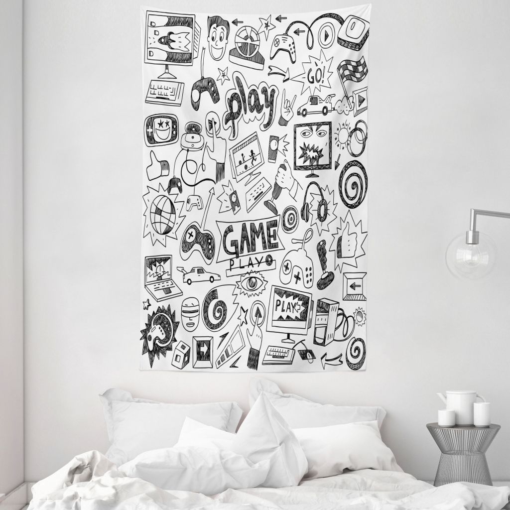 ABAKUHAUS Videospiele Wandteppich und Tagesdecke, Sketch Stil Gaming aus Weiches Mikrofaser Stoff Waschbar ohne Verblassen Digitaldruck, 140 x 230 ...