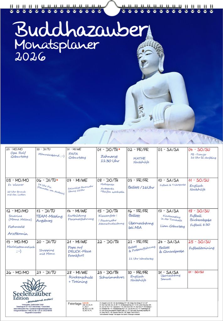 Buddhazauber Planer DIN A3 Kalender für 2026 Zen Buddha Buddhismus Feng Shui - Seelenzauber