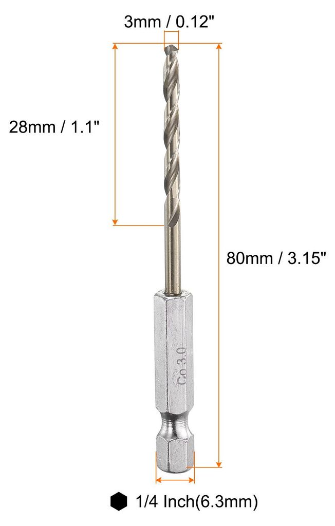 4 Stš¹ck Metallbohrer 3 mm x 80 mm, M35 HSS Spiral-Bohrersatz, 1/4'' Sechskantschaft fš¹r Metall, Stahl, Kupfer, Aluminium, Zinklegierung, Holz