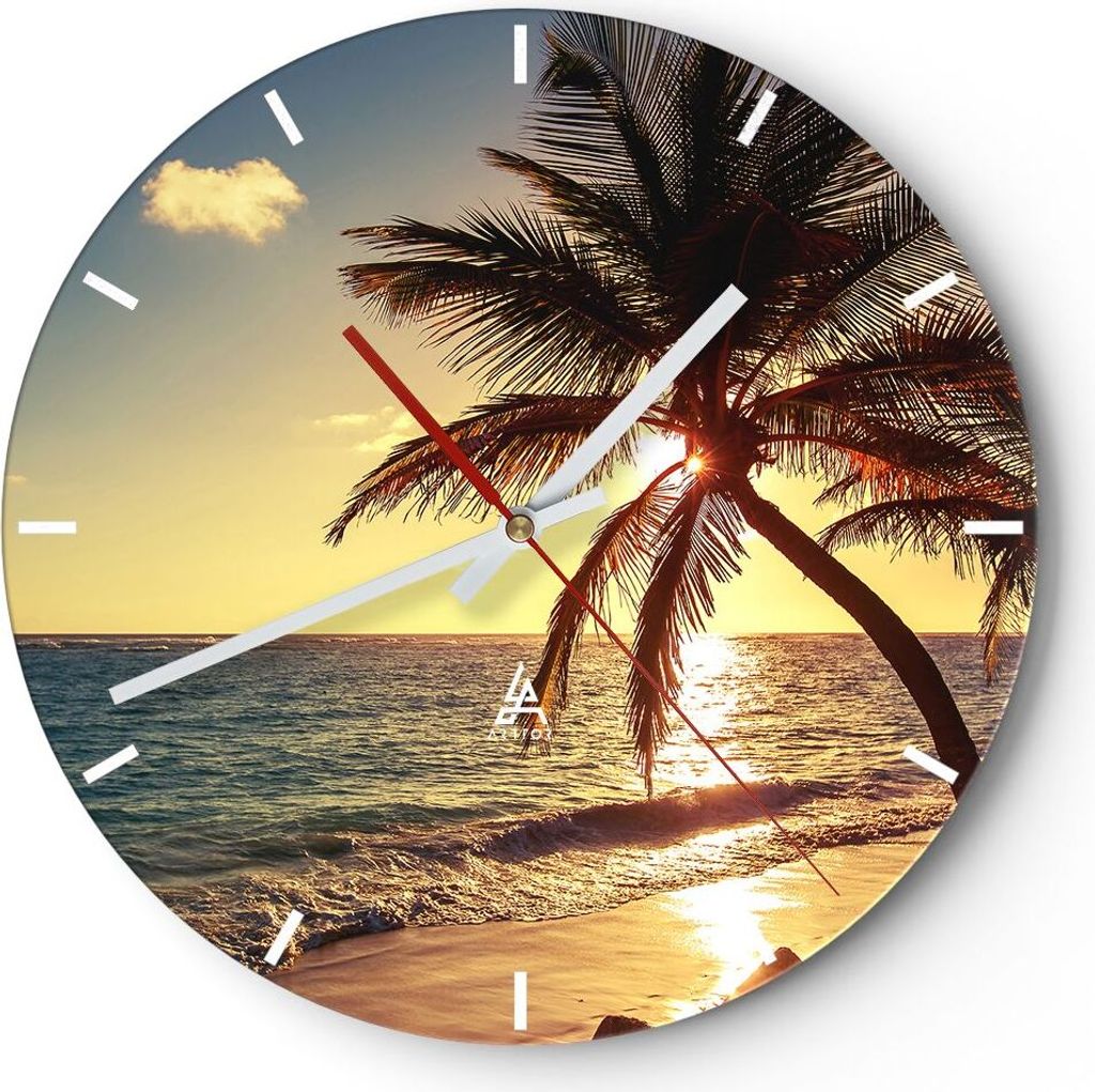 Wanduhr - Rund - Glasuhr - Wolke exotischer Palm- Landschaft - 30x30cm - Schleichendes Uhrwerk - Lautlos - zum Aufhängen bereit - Dekoration Moder...