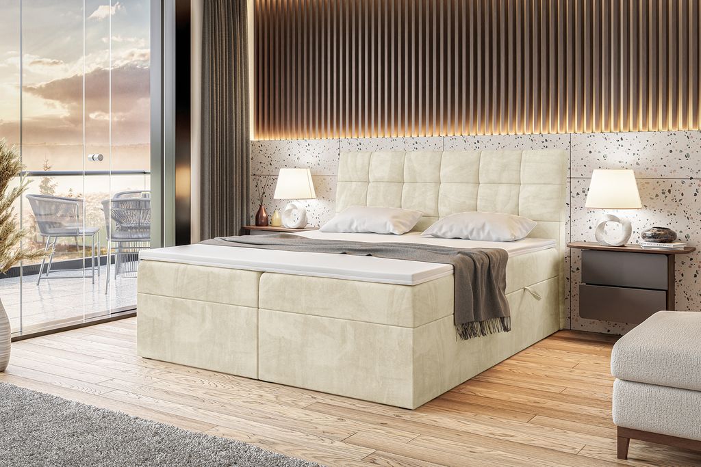 MEBLINI Boxspringbett mit Bettkasten - Gepolstert Doppelbett mit Matratze und Topper - Polsterbett mit Stauraum - Bett mit Kopfteil - Stauraumbett ...