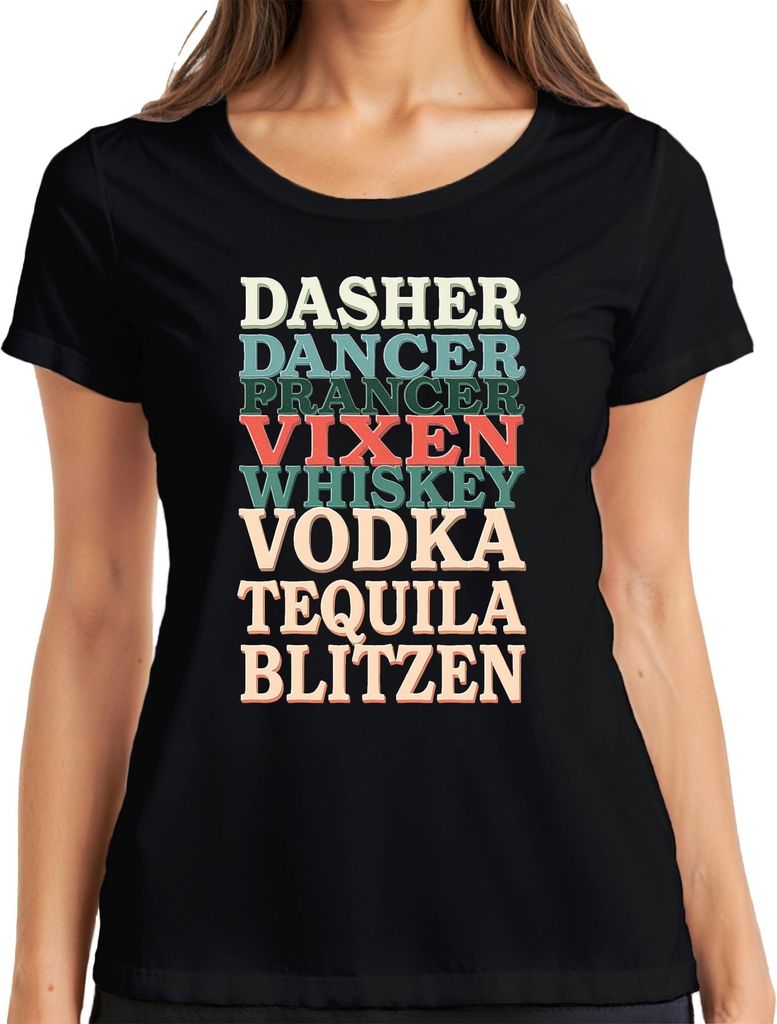 Dasher Dancer Prancer Vixen Whiskey Weihnachtsparty Lustig Retro Damen T-Shirt, Schwarz, 3XL