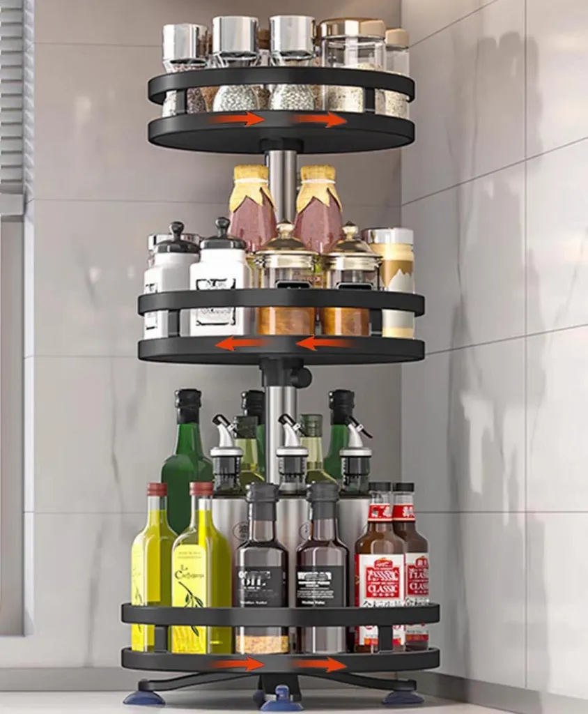 Plateau Tournant Cuisine Organisateur d'Épices Rond Noir à 3 Étages 25cm