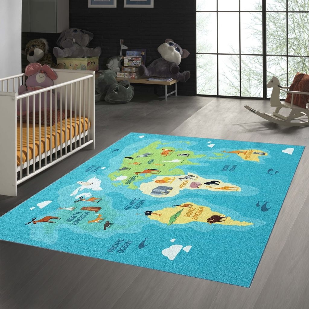 Kinderzimmer Weltkarten-Lernteppich mit Tieren in blau Größe - 160 x 220 cm