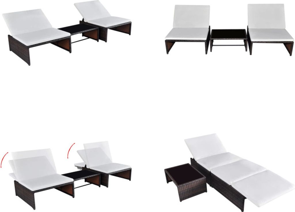 vidaXL Sonnenliegen 2 Stk. mit Tisch Poly Rattan Braun - Sonnenliege - Sonnenliegen - Hollywoodschaukel - Hollywoodschaukeln